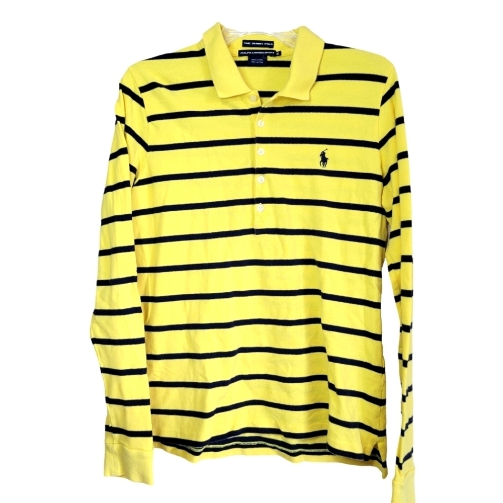 Vnt Ralph Lauren Sports Skinny Long Sleeve Polo Yellow Dk Blue Stiped Men Sz XL